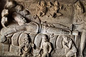 Mamallapuram - Tamil Nadu. the Mahishamardhini cave. The panel of Vishnu recumbent on serpent coils